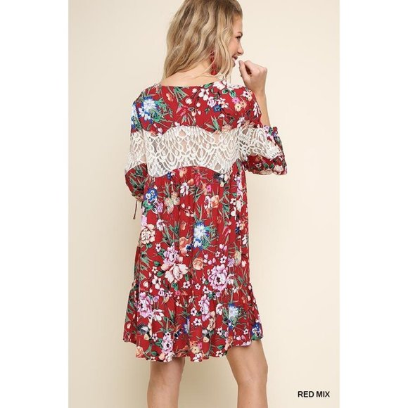 Umgee Dress Floral Print Puff Sleeve Lace Medium - Picture 4 of 4